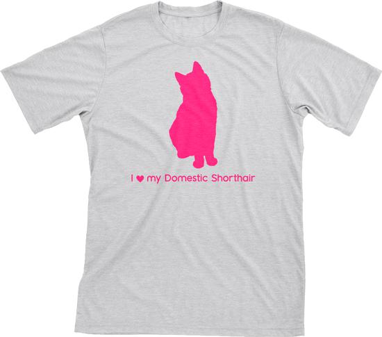 I Love My Domestic Shorthair | Must Love Cats® Hot Pink On Heathered Grey Short Sleeve T-Shirt-Must Love Cats® T-Shirts-The Official Website of Jewelry Candles - Find Jewelry In Candles!