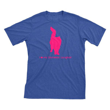 I Love My Domestic Longhair | Must Love Cats® Hot Pink On Heathered Royal Blue Short Sleeve T-Shirt-Must Love Cats® T-Shirts-The Official Website of Jewelry Candles - Find Jewelry In Candles!