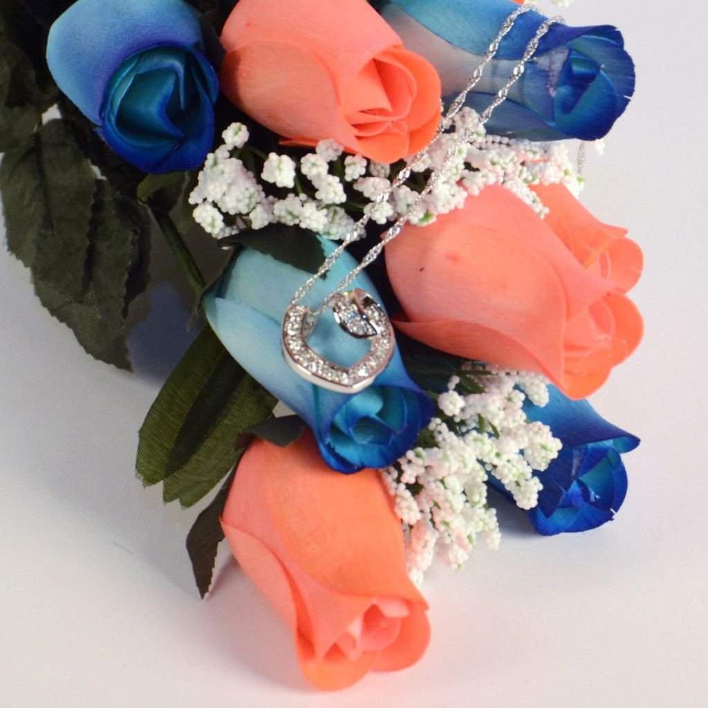 Scented Blue And Coral Mixed Wax Roses Bouquet-Wax Dipped Roses-The Official Website of Jewelry Candles - Find Jewelry In Candles!