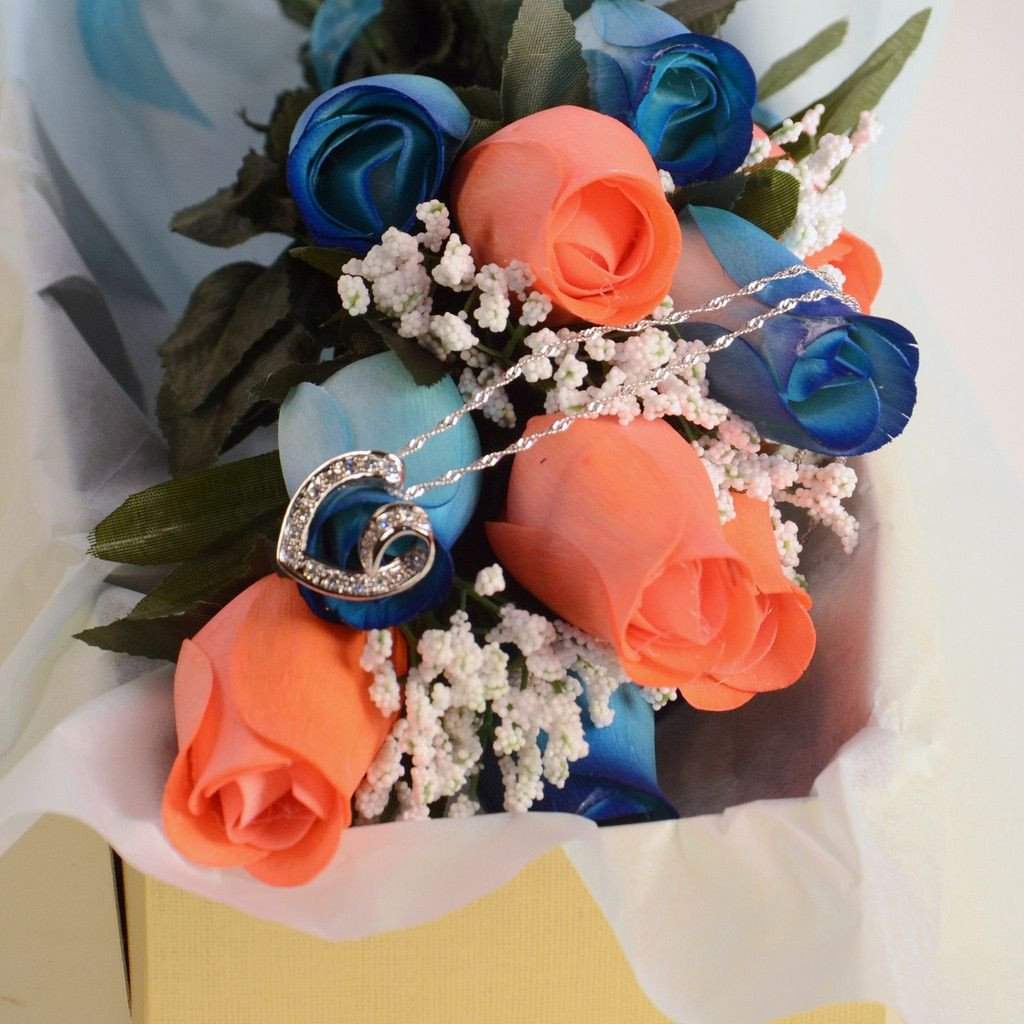 Scented Blue And Coral Mixed Wax Roses Bouquet-Wax Dipped Roses-The Official Website of Jewelry Candles - Find Jewelry In Candles!