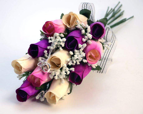 Cream, Deep Purple, & Lavender Ombré Dozen Bouquet | Jewelry Roses®-White, Lavender and White with Lavender Tipped Wax Roses Bouquet-The Official Website of Jewelry Candles - Find Jewelry In Candles!